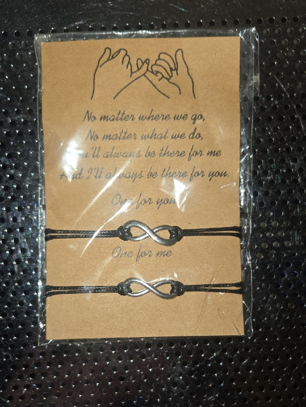 Infinity Knot Friendship Bracelet Set - Black Cord, Silver Charms
